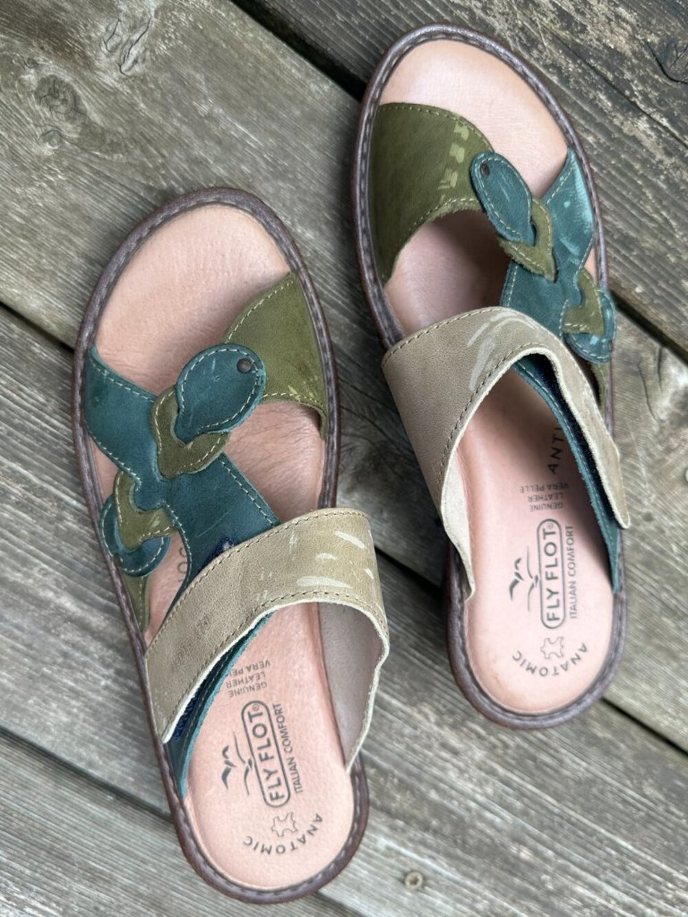 Fly Flot Italian Leather Slide Anatomic Sandal 39 US 8.5 Tan Olive Teal-Blue